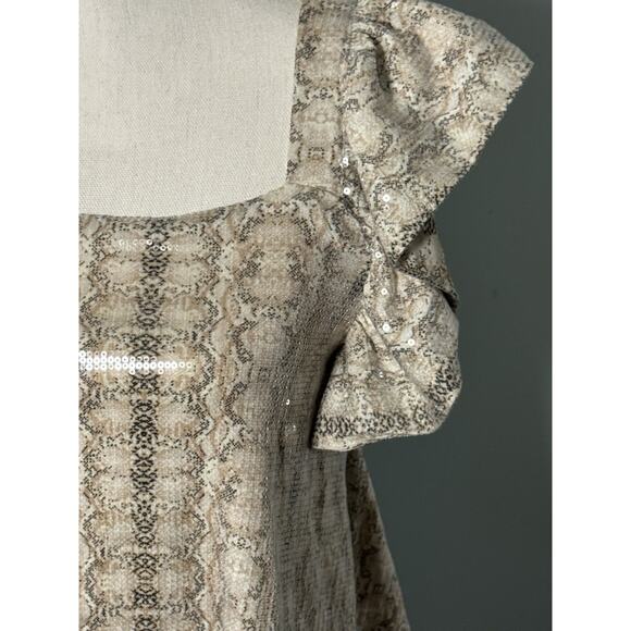 Endless Rose Tan Snake Print Sequin Ruffle Sleeve Cropped Top, XS - Picture 3 of 8